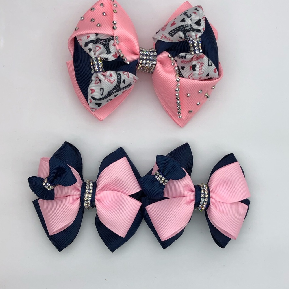Girls Pink & Navy Rhinestone Hair Bows - Set of 3